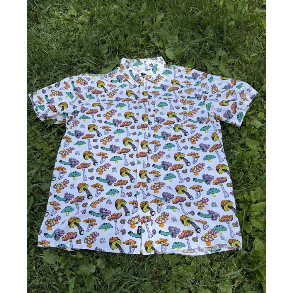 ALAB Psychedelic Mushroom Button Up Shirt Men's Sz 2XL Festival Rave Y2K Grunge